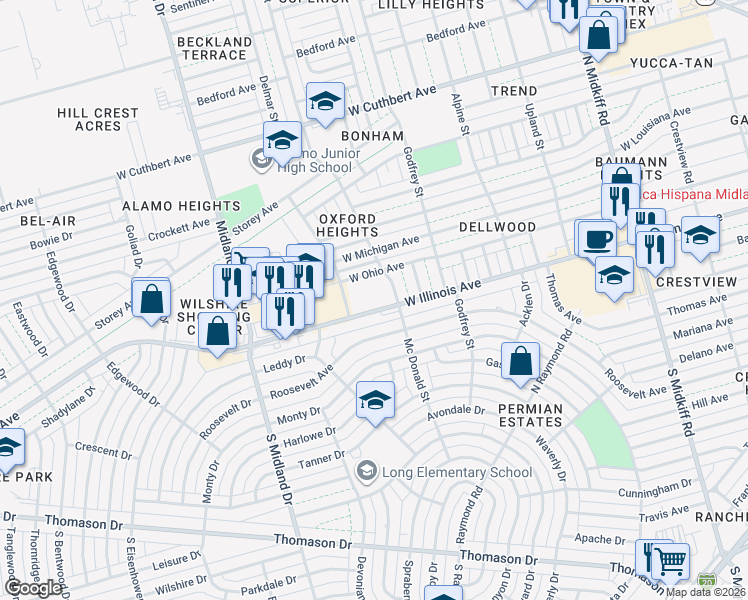 map of restaurants, bars, coffee shops, grocery stores, and more near 6 Delmar Street in Midland