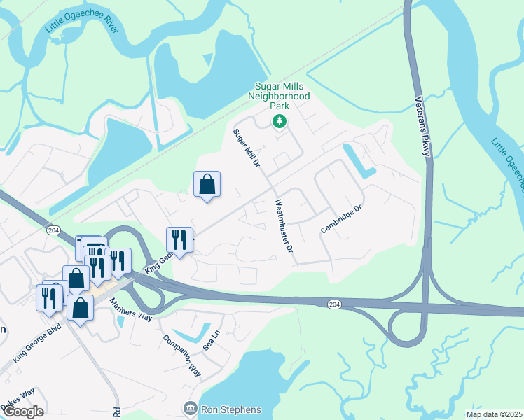 map of restaurants, bars, coffee shops, grocery stores, and more near 20 Sand Dollar Lane in Savannah