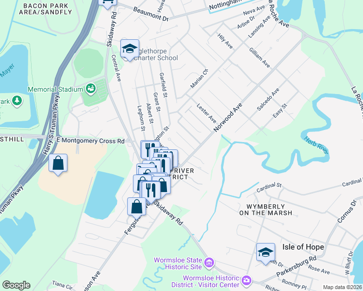 map of restaurants, bars, coffee shops, grocery stores, and more near 7 Doe Tail Court in Savannah