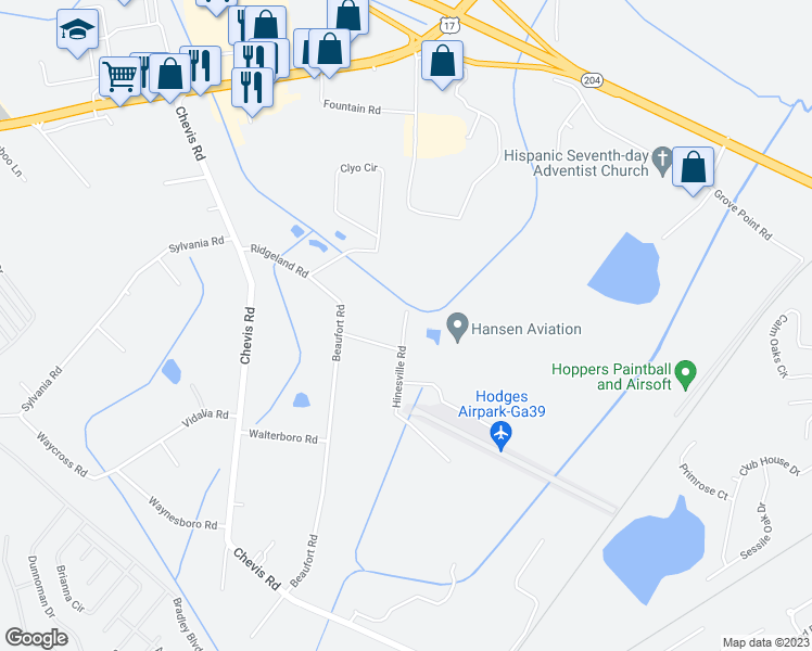map of restaurants, bars, coffee shops, grocery stores, and more near 244 Hinesville Road in Savannah