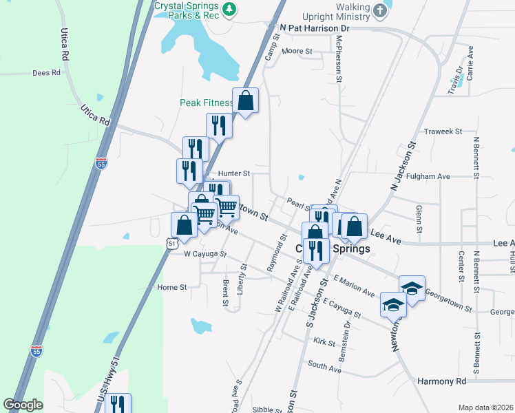 map of restaurants, bars, coffee shops, grocery stores, and more near 309 West Georgetown Street in Crystal Springs