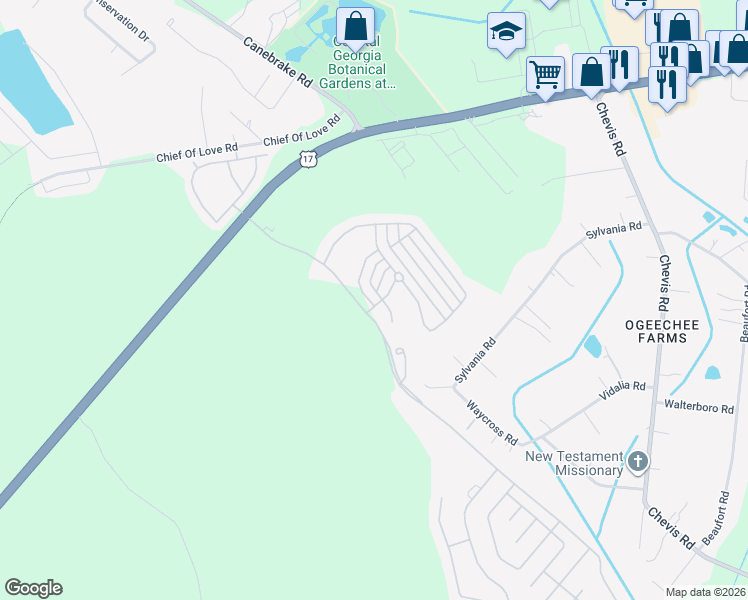 map of restaurants, bars, coffee shops, grocery stores, and more near 106 Rosa Lane in Savannah
