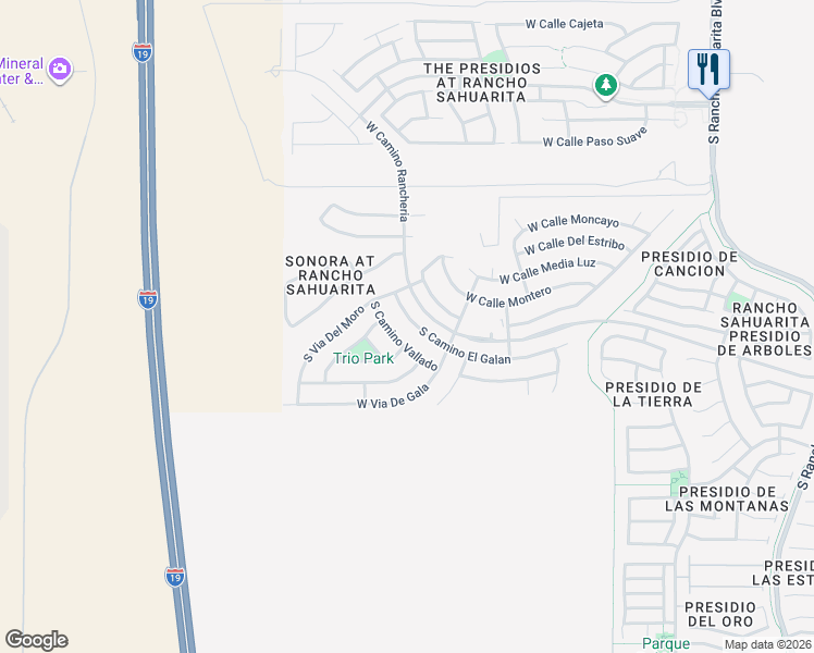 map of restaurants, bars, coffee shops, grocery stores, and more near 14361 South Camino Vallado in Sahuarita