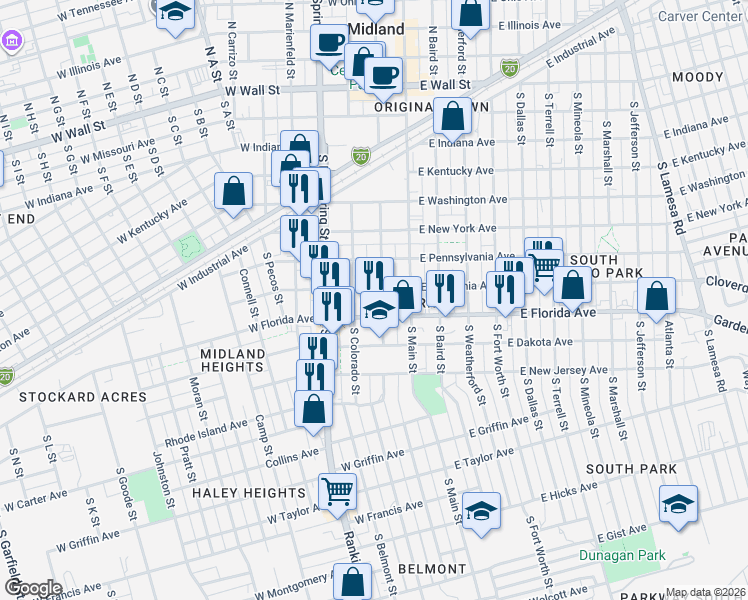 map of restaurants, bars, coffee shops, grocery stores, and more near 107 West Florida Avenue in Midland