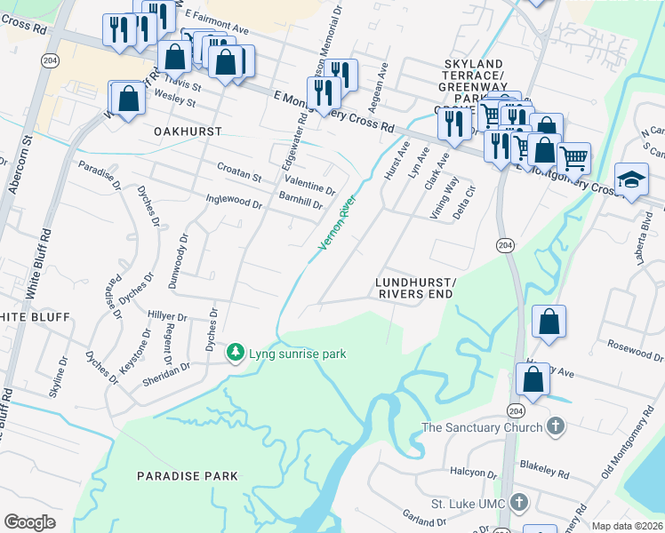 map of restaurants, bars, coffee shops, grocery stores, and more near 8719 Hurst Avenue in Savannah