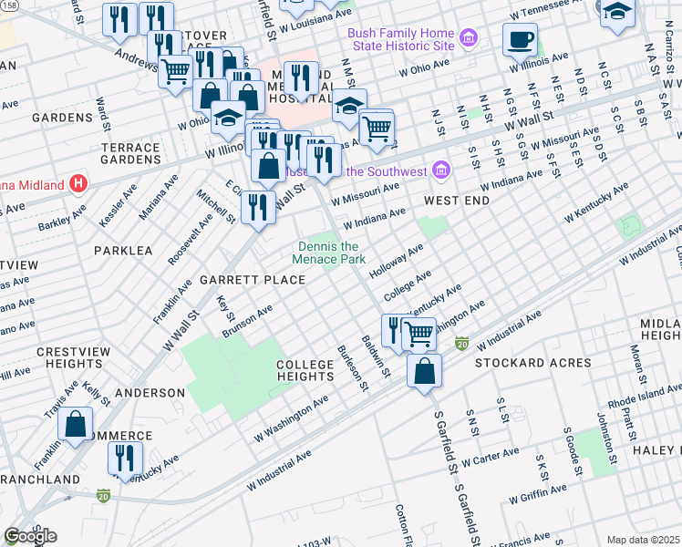 map of restaurants, bars, coffee shops, grocery stores, and more near 300-398 South Garfield Street in Midland