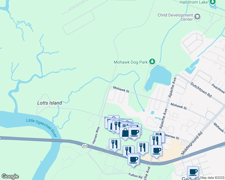 map of restaurants, bars, coffee shops, grocery stores, and more near 43 Kingslan Court in Savannah