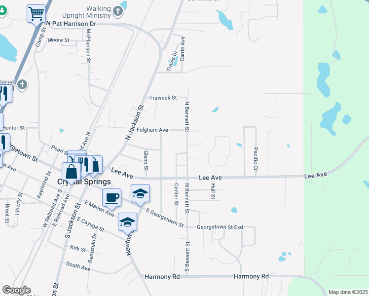 map of restaurants, bars, coffee shops, grocery stores, and more near 902 North Bennett Street in Crystal Springs