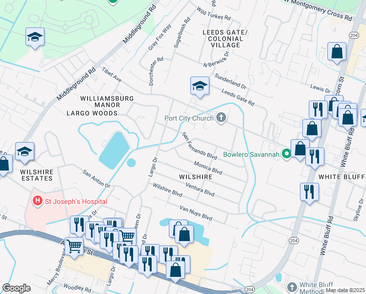 map of restaurants, bars, coffee shops, grocery stores, and more near 403 Montclair Boulevard in Savannah