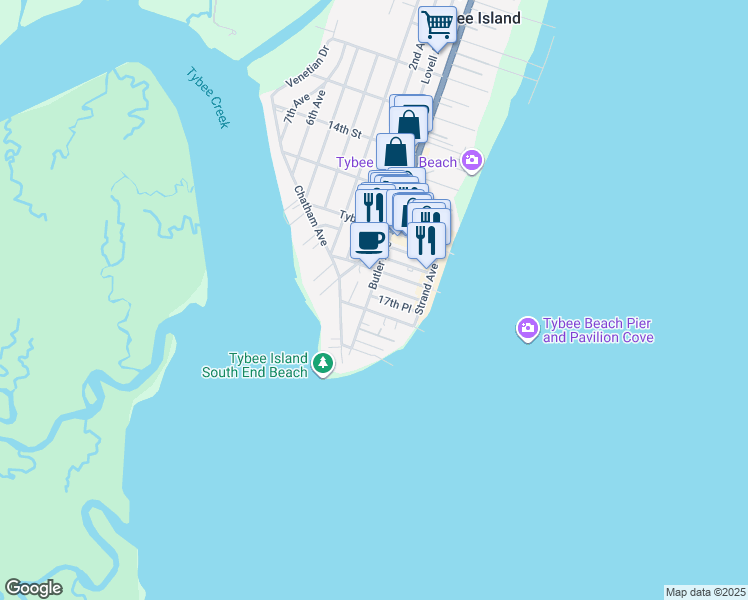 map of restaurants, bars, coffee shops, grocery stores, and more near 1710 Butler Avenue in Tybee Island