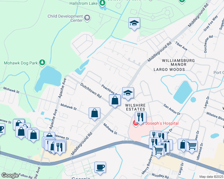 map of restaurants, bars, coffee shops, grocery stores, and more near 10 Flowering Peach Court in Savannah