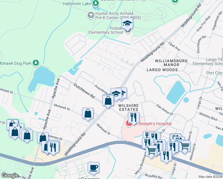 map of restaurants, bars, coffee shops, grocery stores, and more near 15 Peach Court in Savannah