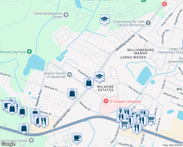 map of restaurants, bars, coffee shops, grocery stores, and more near 11 Peach Court in Savannah