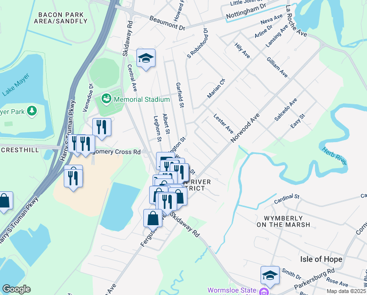 map of restaurants, bars, coffee shops, grocery stores, and more near 2106 Washington Street in Savannah