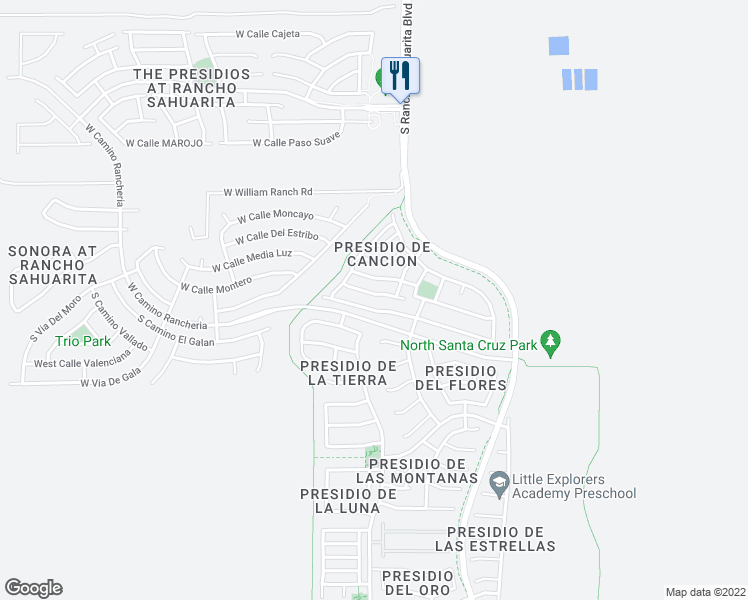 map of restaurants, bars, coffee shops, grocery stores, and more near 105 East Calle Del Rondador in Sahuarita