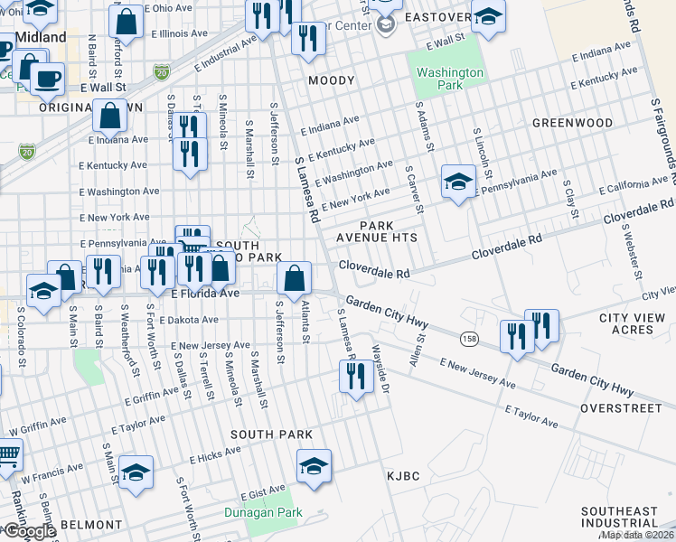 map of restaurants, bars, coffee shops, grocery stores, and more near 1109 Cloverdale Road in Midland