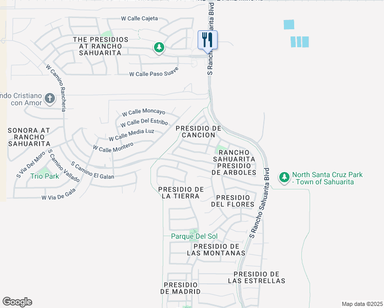 map of restaurants, bars, coffee shops, grocery stores, and more near 114 East Calle Del Rondador in Sahuarita