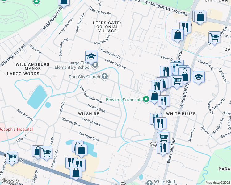 map of restaurants, bars, coffee shops, grocery stores, and more near 10 La Brea Boulevard in Savannah