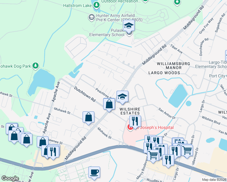 map of restaurants, bars, coffee shops, grocery stores, and more near 15 Peach Court in Savannah