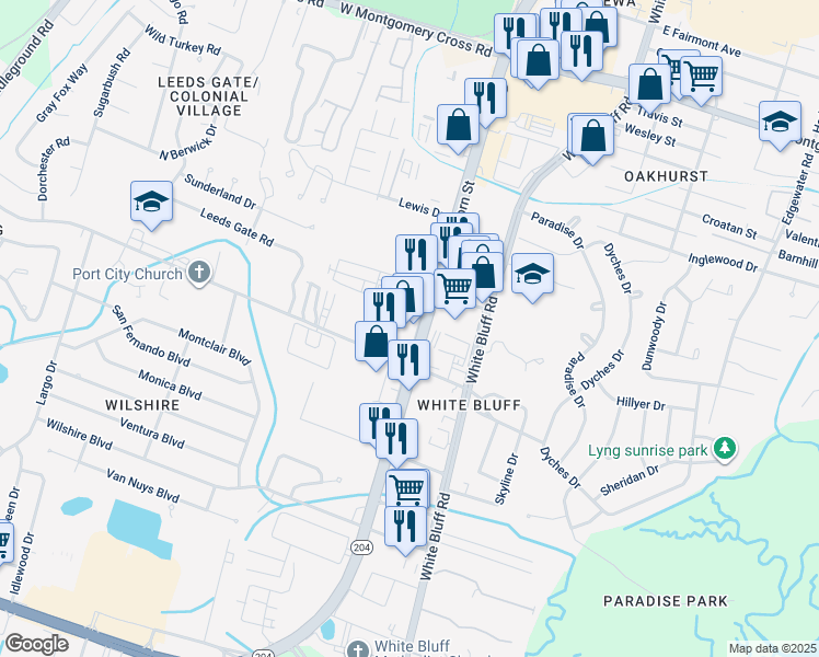 map of restaurants, bars, coffee shops, grocery stores, and more near 14999 Abercorn Frontage Road in Savannah
