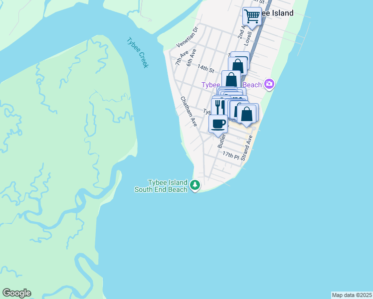 map of restaurants, bars, coffee shops, grocery stores, and more near 1703 Chatham Avenue in Tybee Island