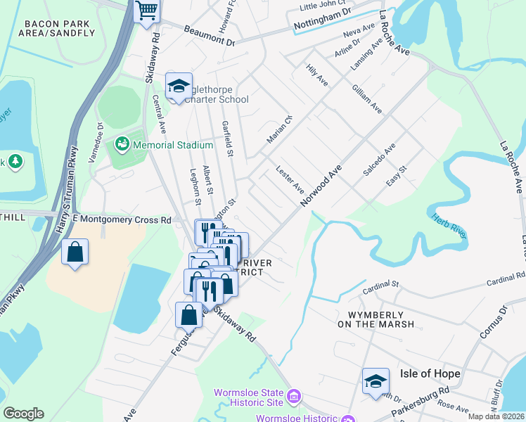 map of restaurants, bars, coffee shops, grocery stores, and more near 127 Hunt Club Court in Savannah