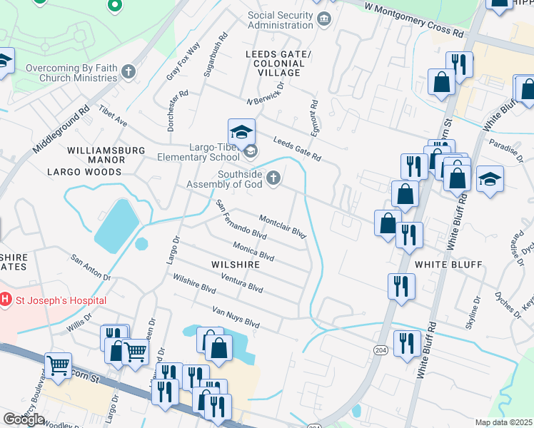 map of restaurants, bars, coffee shops, grocery stores, and more near 302 Montclair Boulevard in Savannah