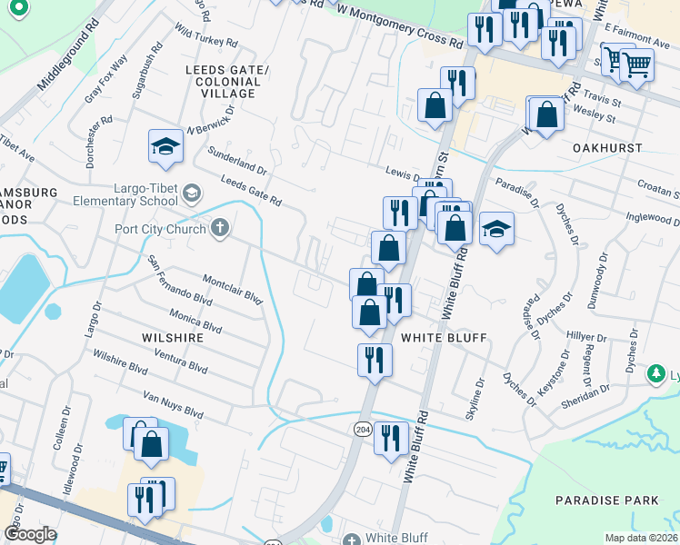 map of restaurants, bars, coffee shops, grocery stores, and more near 204 Tibet Avenue in Savannah