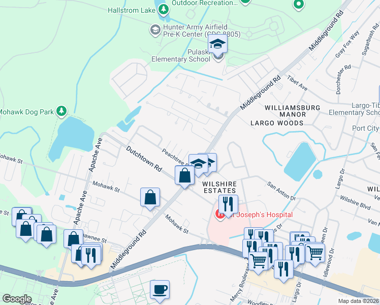 map of restaurants, bars, coffee shops, grocery stores, and more near 15 Peach Court in Savannah