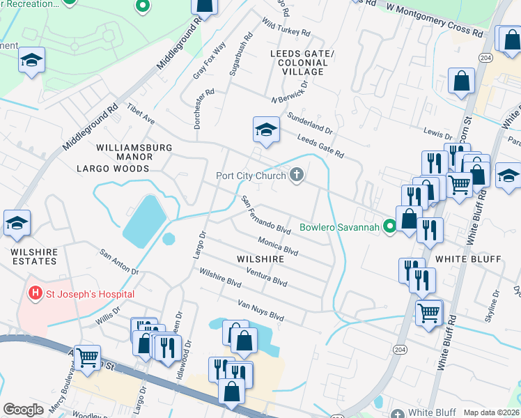 map of restaurants, bars, coffee shops, grocery stores, and more near 317 Montclair Boulevard in Savannah