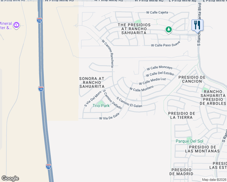 map of restaurants, bars, coffee shops, grocery stores, and more near 14319 South Camino El Galan in Sahuarita