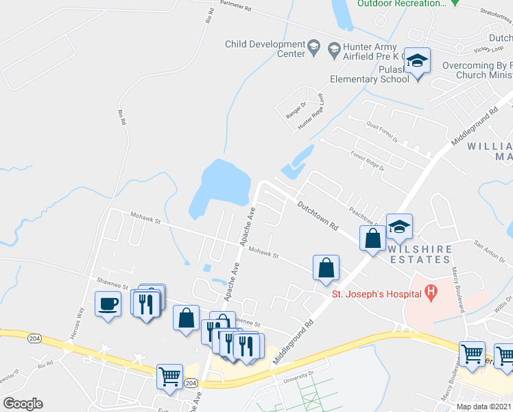 map of restaurants, bars, coffee shops, grocery stores, and more near 1 Belfair Dr in Savannah