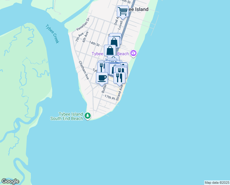 map of restaurants, bars, coffee shops, grocery stores, and more near 5 17th Street in Tybee Island