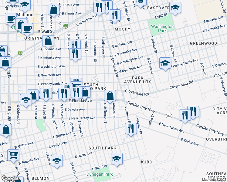 map of restaurants, bars, coffee shops, grocery stores, and more near 1000 East California Avenue in Midland