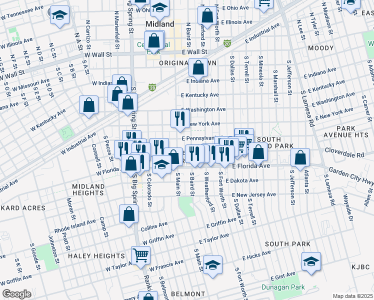 map of restaurants, bars, coffee shops, grocery stores, and more near 710 S Baird St in Midland