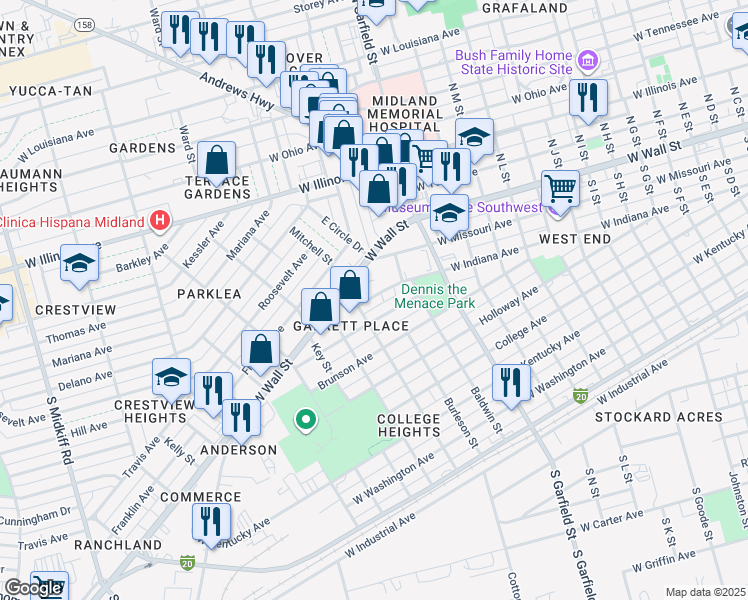 map of restaurants, bars, coffee shops, grocery stores, and more near 2403 West Indiana Avenue in Midland