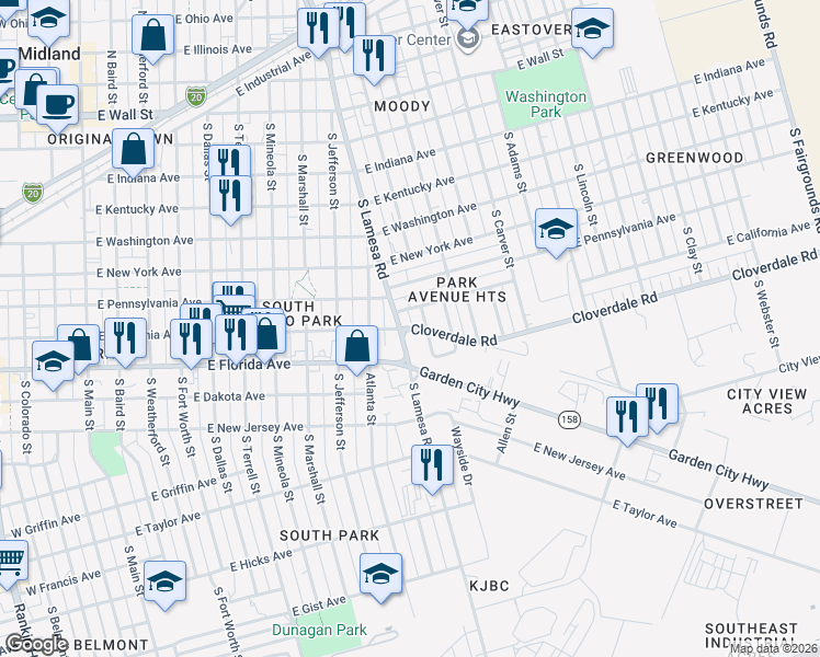 map of restaurants, bars, coffee shops, grocery stores, and more near 1109 Cloverdale Road in Midland