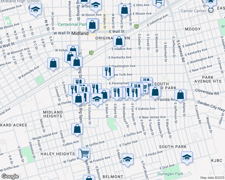 map of restaurants, bars, coffee shops, grocery stores, and more near 710 South Baird Street in Midland