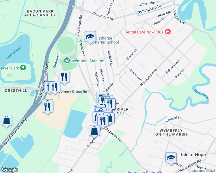 map of restaurants, bars, coffee shops, grocery stores, and more near 2106 Washington Street in Savannah