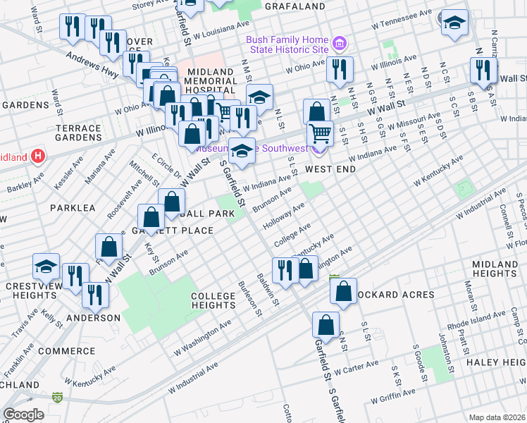 map of restaurants, bars, coffee shops, grocery stores, and more near 2101 Brunson Avenue in Midland
