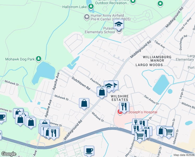 map of restaurants, bars, coffee shops, grocery stores, and more near 10 Flowering Peach Court in Savannah