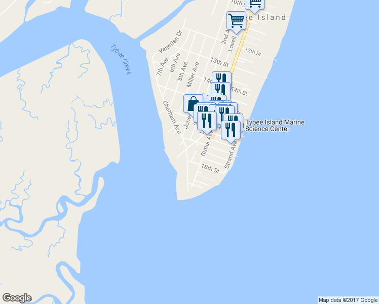 map of restaurants, bars, coffee shops, grocery stores, and more near 1710 Chatham Avenue in Tybee Island