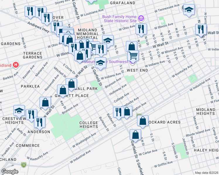 map of restaurants, bars, coffee shops, grocery stores, and more near 2101 Brunson Avenue in Midland