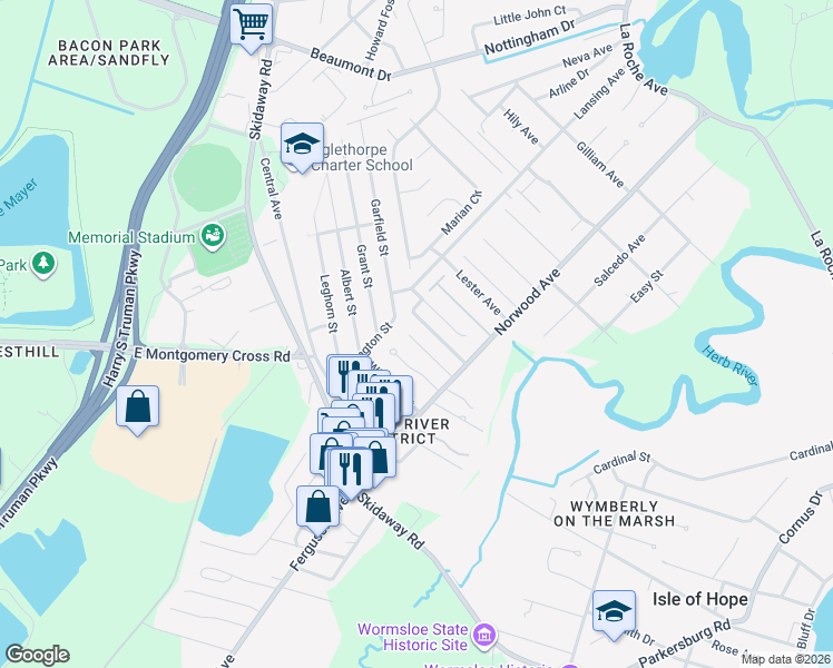 map of restaurants, bars, coffee shops, grocery stores, and more near 22 Norwood Place in Savannah