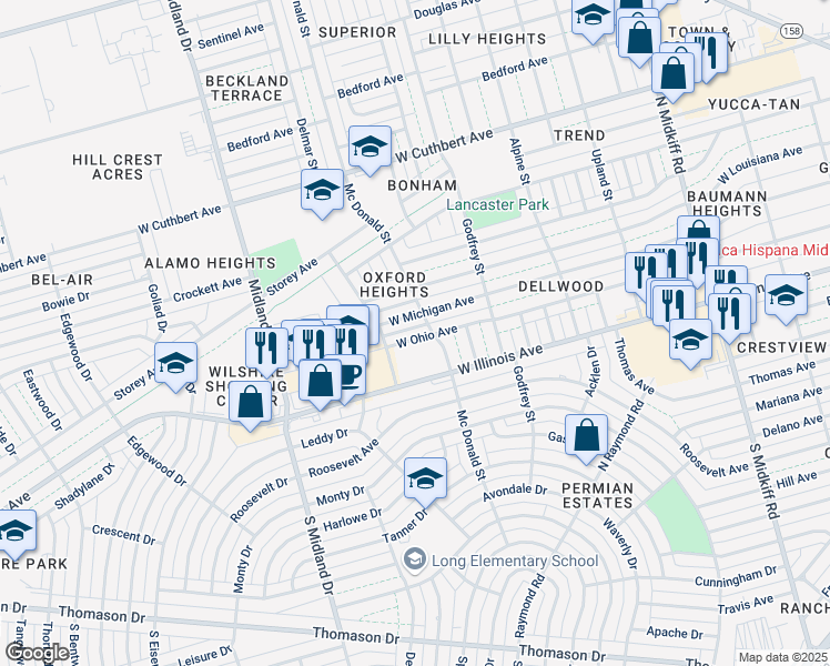 map of restaurants, bars, coffee shops, grocery stores, and more near 3704 West Ohio Avenue in Midland