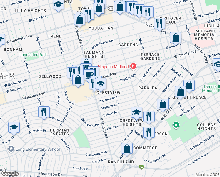 map of restaurants, bars, coffee shops, grocery stores, and more near 3200 Kessler Avenue in Midland