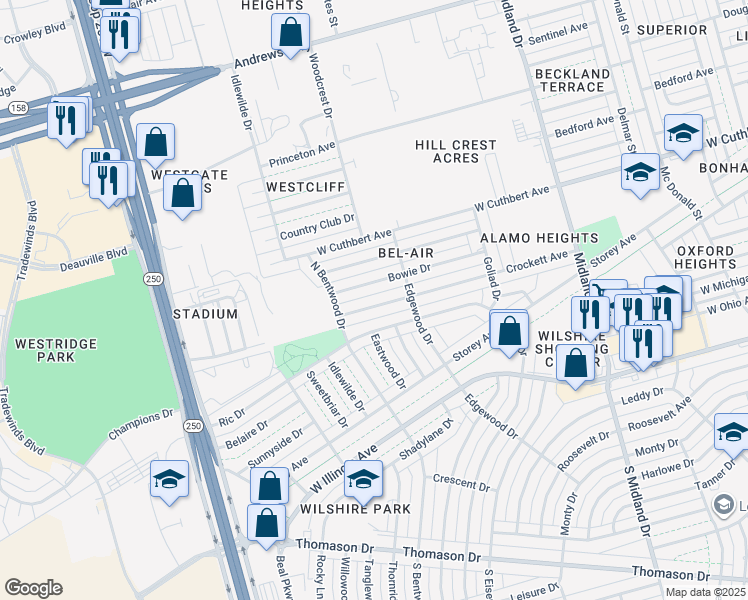 map of restaurants, bars, coffee shops, grocery stores, and more near 4714 Crockett Avenue in Midland