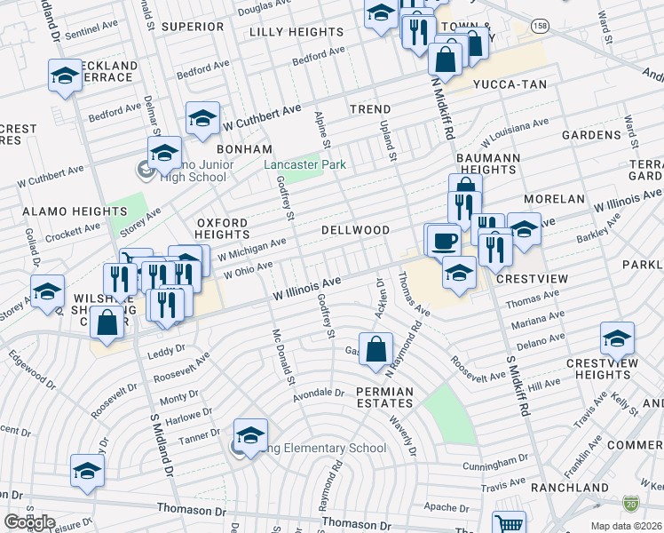 map of restaurants, bars, coffee shops, grocery stores, and more near 304 Kerth Street in Midland