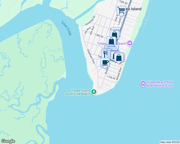 map of restaurants, bars, coffee shops, grocery stores, and more near 1703 Chatham Avenue in Tybee Island