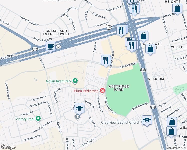 map of restaurants, bars, coffee shops, grocery stores, and more near 5801 Deauville in Midland